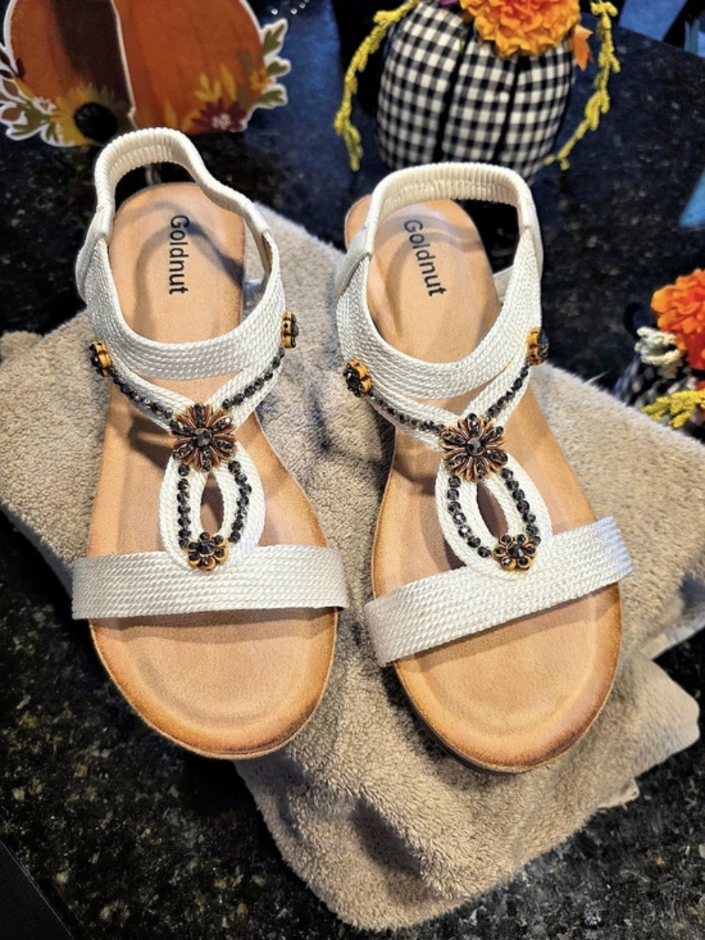 Goldnut Embellished Wedge Sandals in White